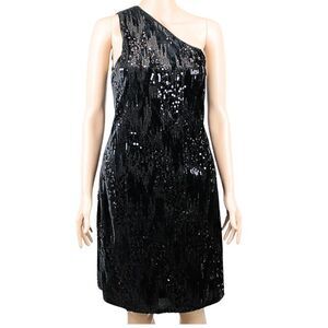 NICOLE MILLER One-Shoulder Sheath Dress In Black With Sequin And Velvet Design